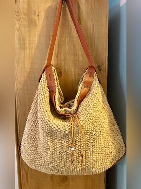 Lucky Brand Vintage Boho Crochet & Leather Shoulder Bag Tote